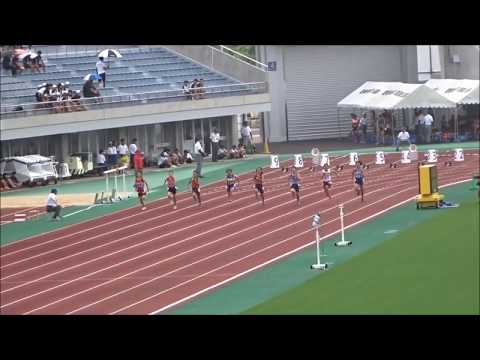 女子2年100m予選1組、1着：藤村小桜（中部中）12秒91　～四国中学総体2017・陸上競技～
