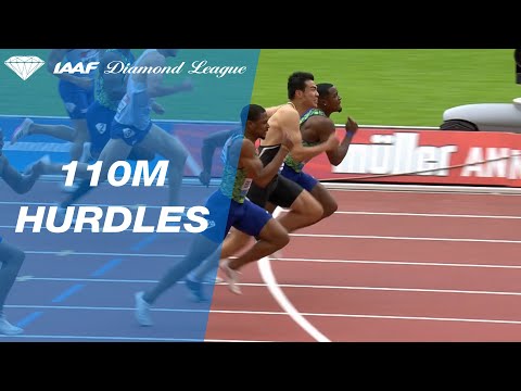 A photo finish and tumble over the line in the London men&#039;s 110m hurdles - IAAF Diamond League 2019