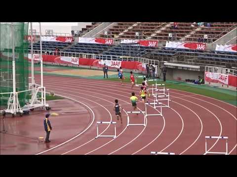 えひめ国体・陸上競技／少年男子A400mハードル予選1組、1着：花岡一摩（福岡）51秒49