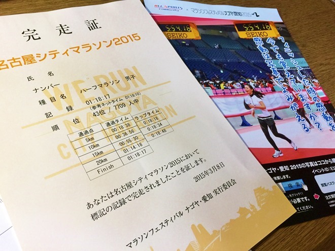 名古屋シティマラソン2015の完走証